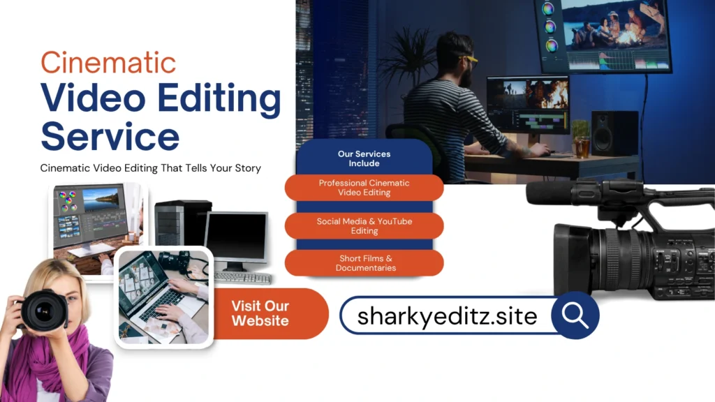 white blue and orange modern cinematic video editing service twitter post